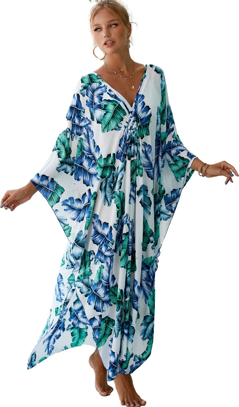 RanRui womens caftans for lounging Hand woven V neck swim cover up Caftan Rayon cotton kaftan dresses Floral Ethnic Print beach Kaftans plus size over sized aftans for women 8772-30 - Image 1