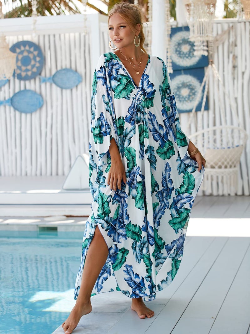 RanRui womens caftans for lounging Hand woven V neck swim cover up Caftan Rayon cotton kaftan dresses Floral Ethnic Print beach Kaftans plus size over sized aftans for women 8772-30 - Image 5
