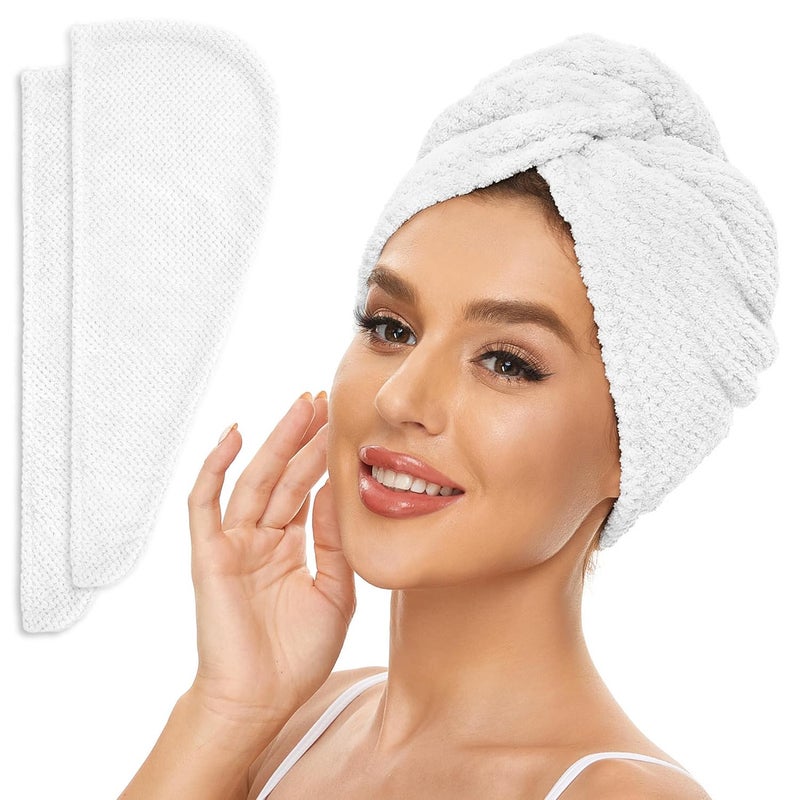 SimpleField 2 Pack Microfiber Hair Towel Wrap for Women, Anti Frizz Quick Drying Hair Turban for All Hair Style, Absorbent and Lightweight (Bright White) - Image 1