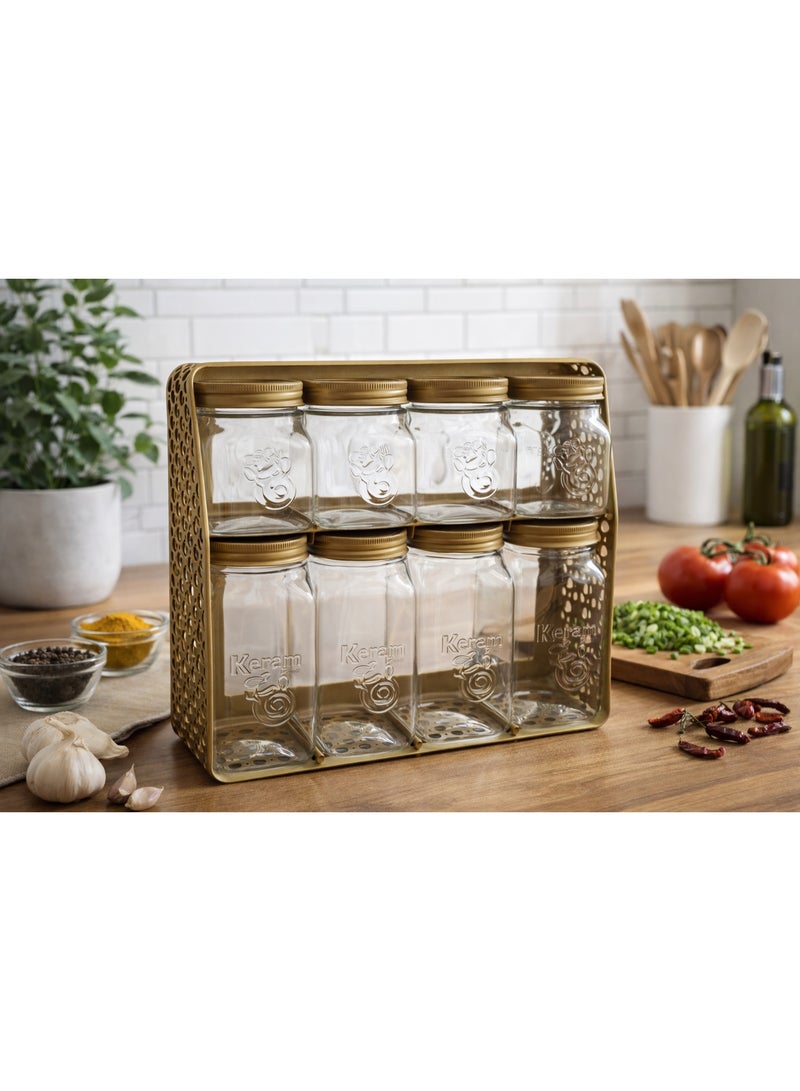 طقم برطمانات توابل وبهارات شفافة بأغطية مع حامل معدني ذهبي منظم للمطبخ من مستويين - 8 قطع - Image 3