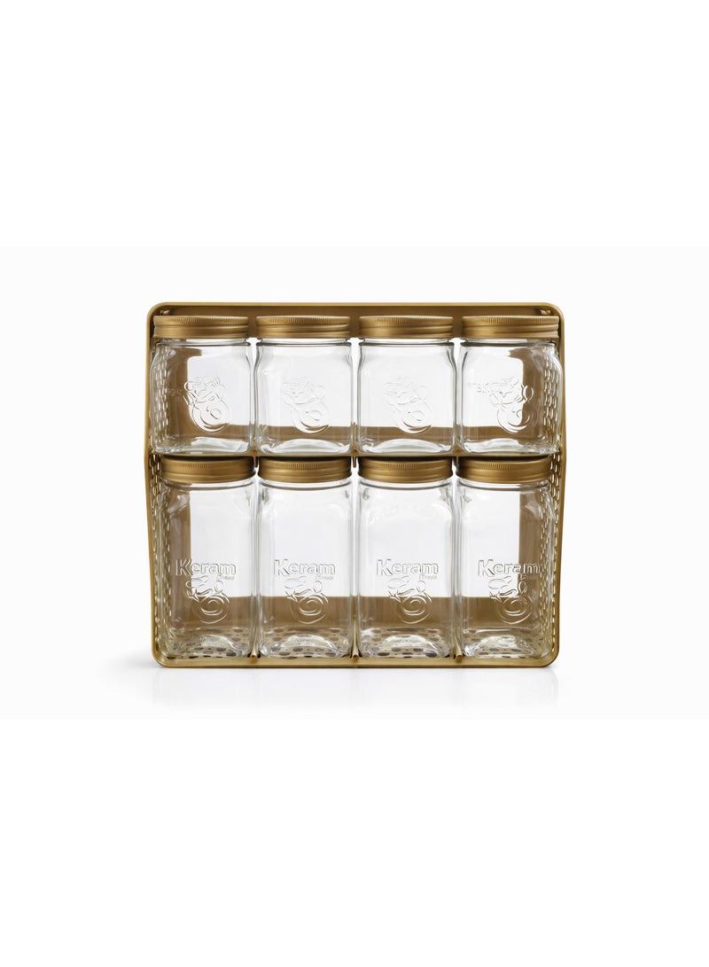 طقم برطمانات توابل وبهارات شفافة بأغطية مع حامل معدني ذهبي منظم للمطبخ من مستويين - 8 قطع - Image 1
