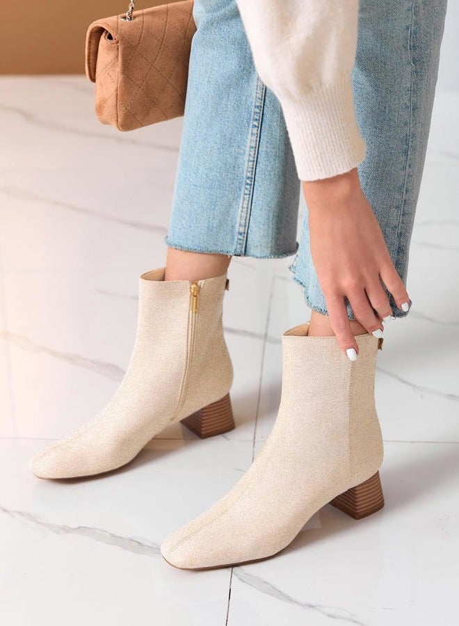 Coutgo Womens Ankle Boots Chunky Low Heel Square Toe Booties Side Zipper Winter Dress Shoes, Beige, 9.5 - Image 2