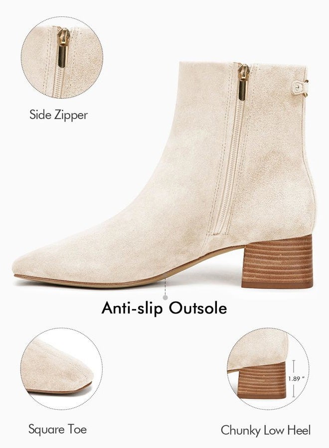 Coutgo Womens Ankle Boots Chunky Low Heel Square Toe Booties Side Zipper Winter Dress Shoes, Beige, 9.5 - Image 5