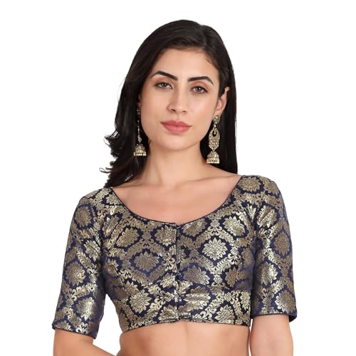 JISB Women's Heavy Brocade Round Neck Saree Blouse (40, Navy) - Image 1