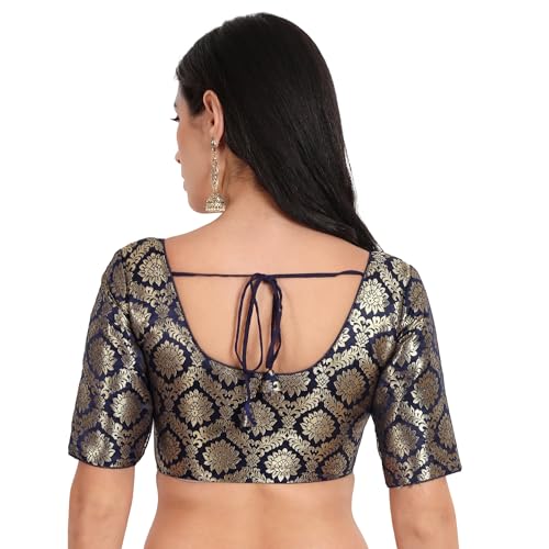 JISB Women's Heavy Brocade Round Neck Saree Blouse (40, Navy) - Image 2