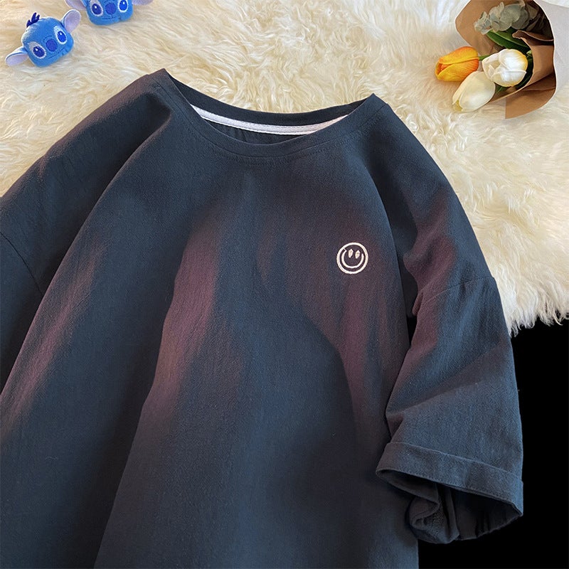 Men's Cotton and Linen Short-Sleeved T-Shirt 2025 Summer New Smiley Face Embroidered Breathable Round Neck Pullover T-Shirt One Piece Drop Shipping - Image 1