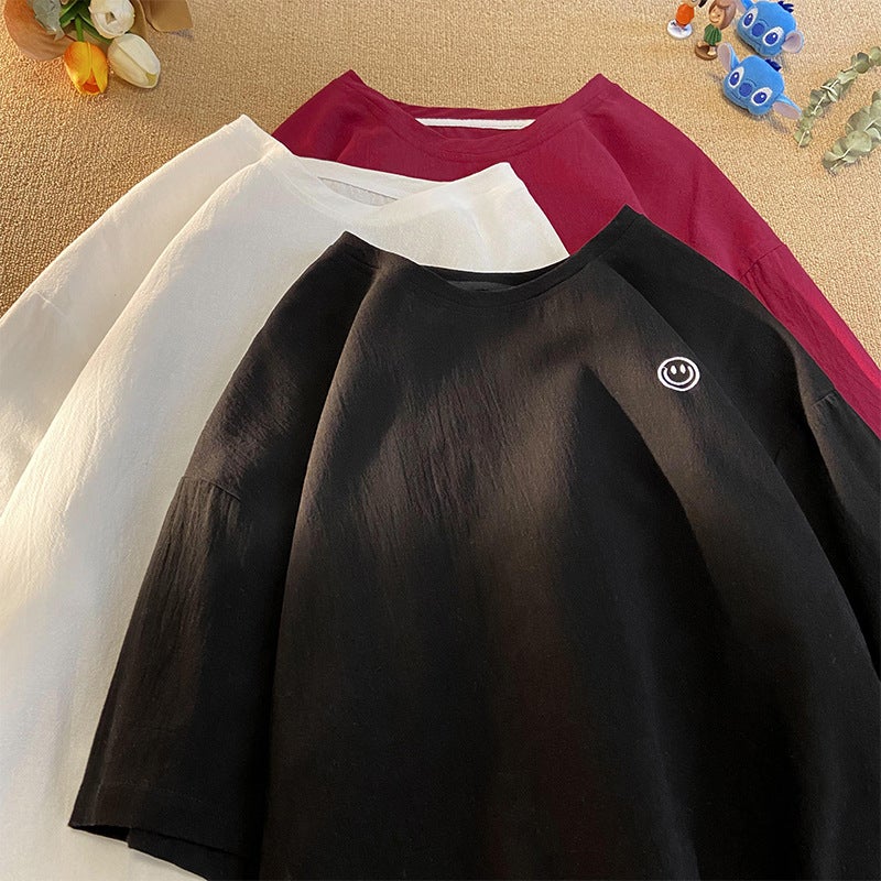Men's Cotton and Linen Short-Sleeved T-Shirt 2025 Summer New Smiley Face Embroidered Breathable Round Neck Pullover T-Shirt One Piece Drop Shipping - Image 4