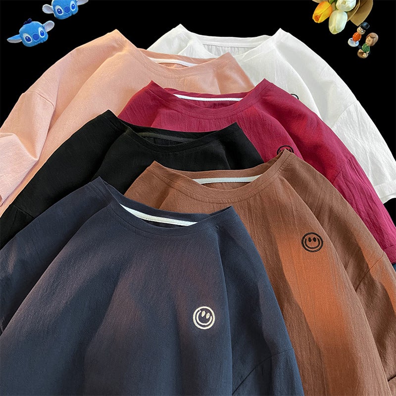 Men's Cotton and Linen Short-Sleeved T-Shirt 2025 Summer New Smiley Face Embroidered Breathable Round Neck Pullover T-Shirt One Piece Drop Shipping - Image 2
