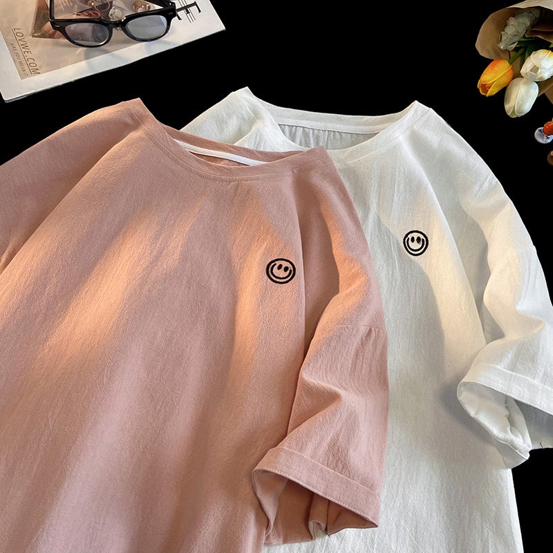 Men's Cotton and Linen Short-Sleeved T-Shirt 2025 Summer New Smiley Face Embroidered Breathable Round Neck Pullover T-Shirt One Piece Drop Shipping - Image 5