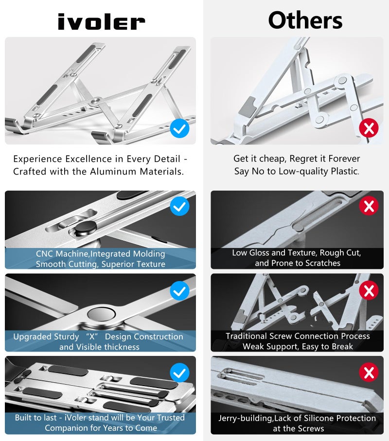 ivoler Laptop Stand, Laptop Holder Riser Computer Tablet Stand, 6 Angles Adjustable Aluminum Ergonomic Foldable Portable Desktop Holder Compatible with 10-15.6â€ MacBook,iPad, HP, Dell, Lenovo Silver - Image 3