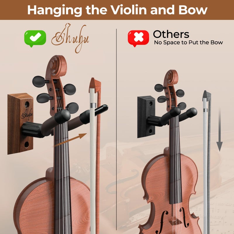 Ohuhu Violin Wall Mount Hanger, Hardwood Violin Viola Hanger with Bow Holder and Soft Padding for Home Studio Decor - Image 2