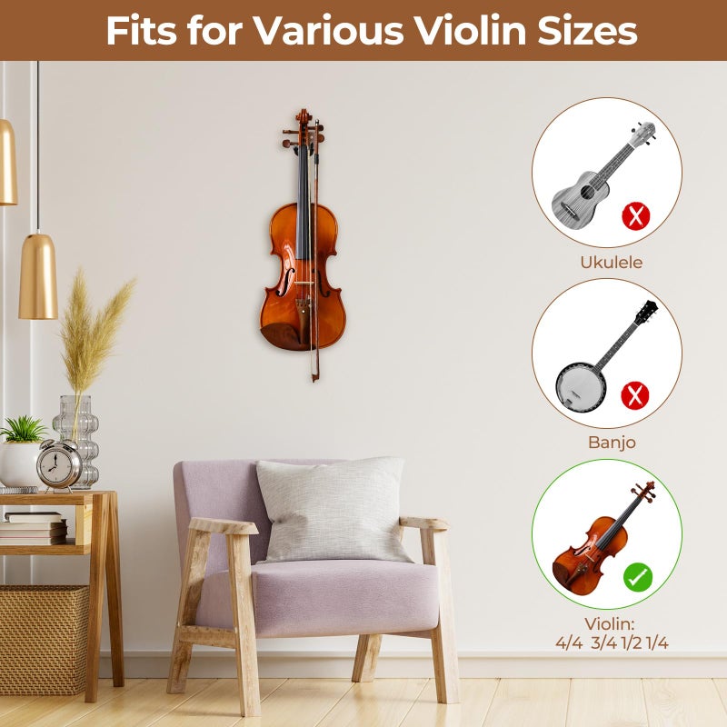Ohuhu Violin Wall Mount Hanger, Hardwood Violin Viola Hanger with Bow Holder and Soft Padding for Home Studio Decor - Image 4