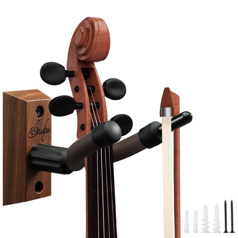 Ohuhu Violin Wall Mount Hanger, Hardwood Violin Viola Hanger with Bow Holder and Soft Padding for Home Studio Decor - Image 1