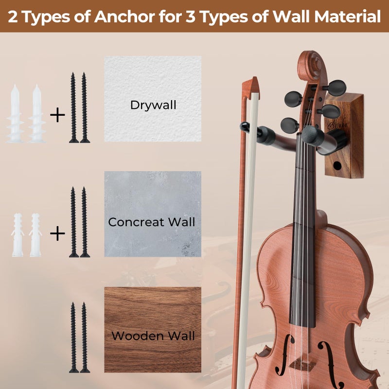 Ohuhu Violin Wall Mount Hanger, Hardwood Violin Viola Hanger with Bow Holder and Soft Padding for Home Studio Decor - Image 5