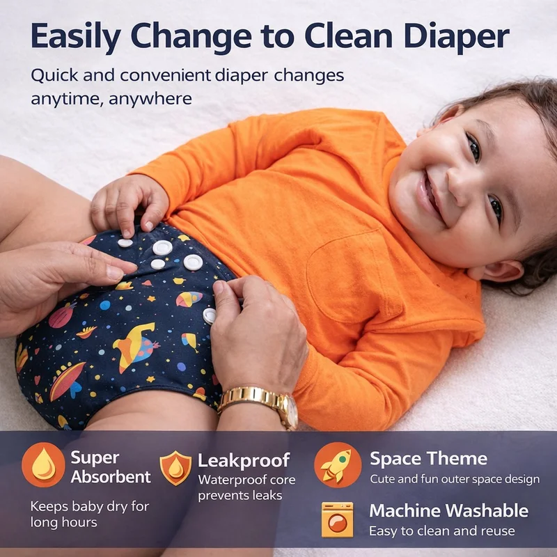 Tummy  Leakage-Proof Reusable Cloth Diaper, Adjustable & Washable, Suitable for Babies Up to 2 Years, with 5 Inserts – Pack of 5  | Best Price UAE