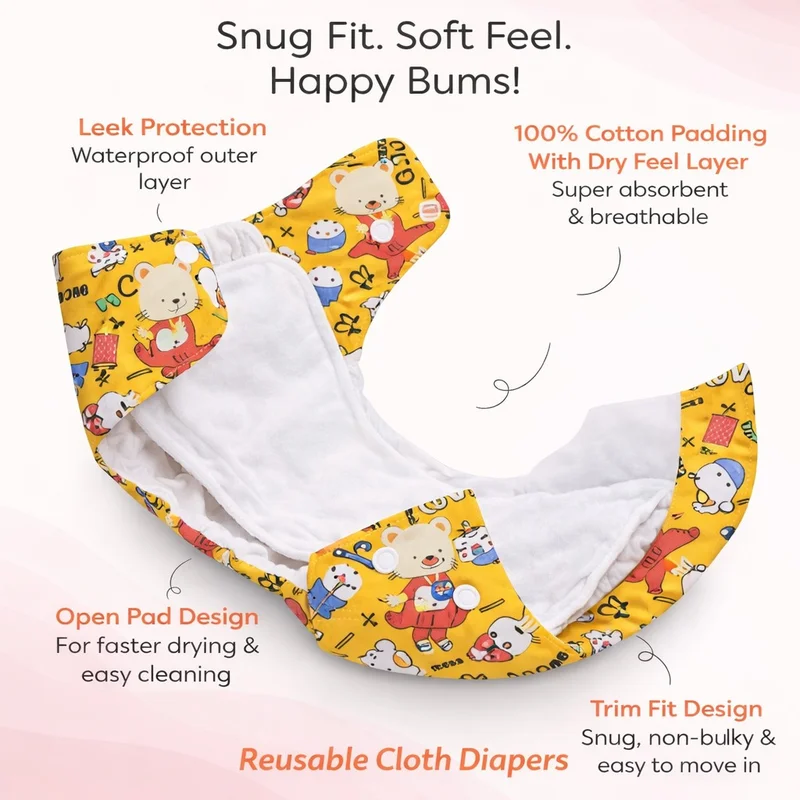 Tummy  Leakage-Proof Reusable Cloth Diaper, Adjustable & Washable, Suitable for Babies Up to 2 Years, with 5 Inserts – Pack of 5  | Best Price UAE