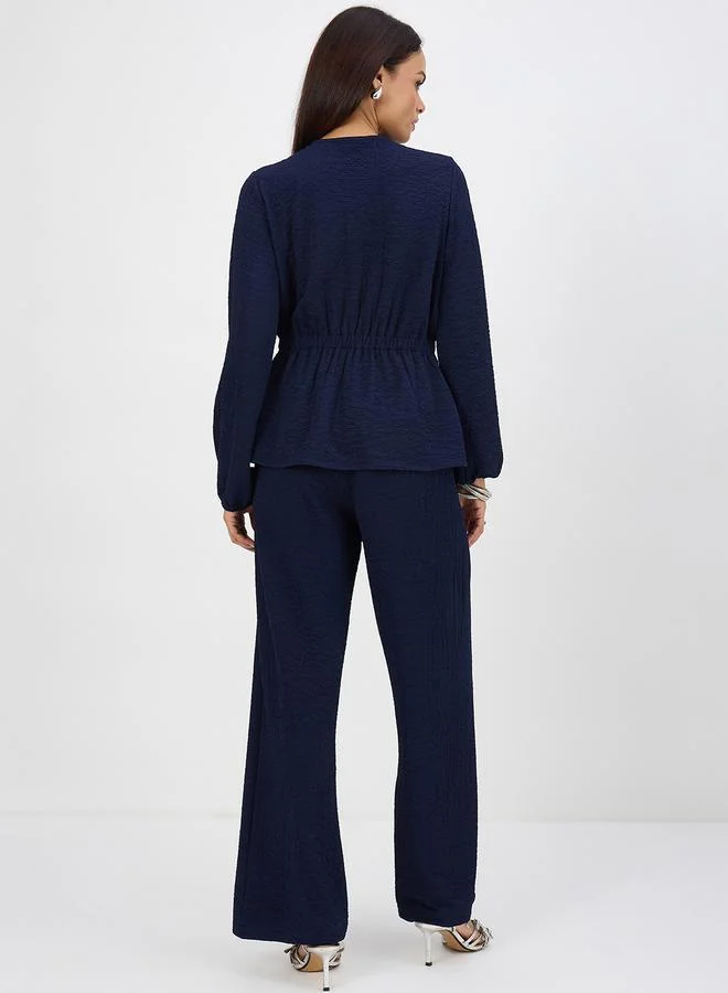 Femmella Women Navy Blue Textured Wrap Top with Pants Co-Ord