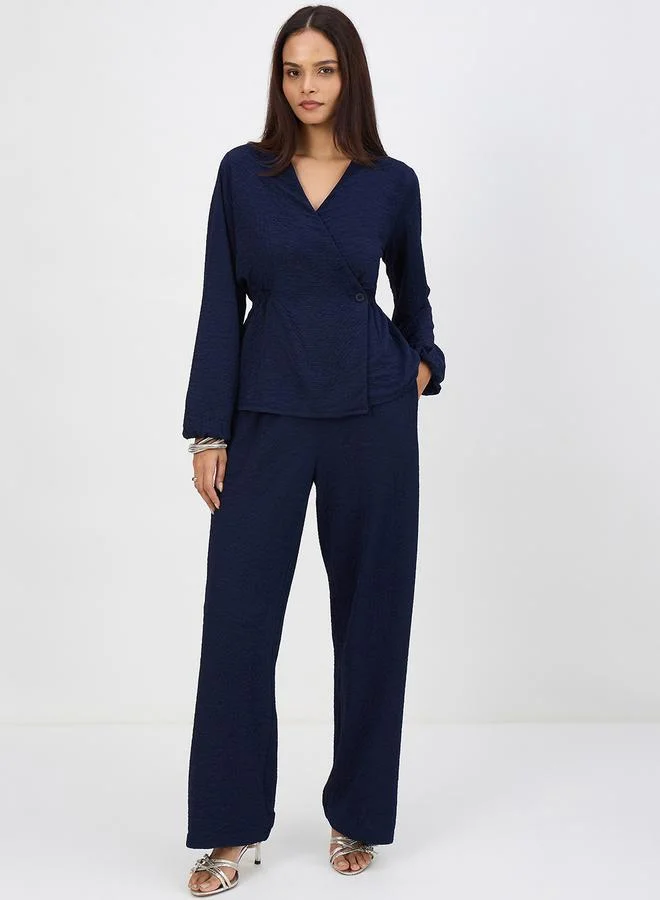 Femmella Women Navy Blue Textured Wrap Top with Pants Co-Ord