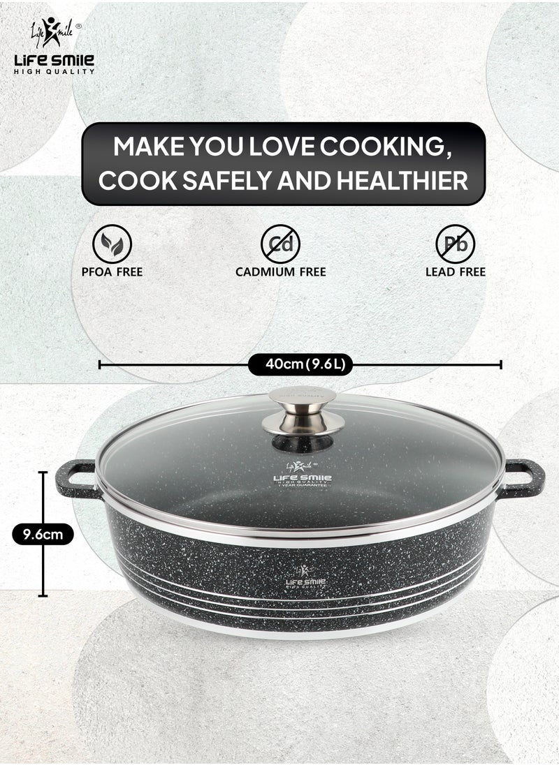 Life Smile 40cm (9.6 Liter) LIFE SMILE Shallow Pot with Lid | Non Stick PFOA FREE Granite Coating Frying Pan | Oven Safe | Dishwasher Safe | Double Handle (Black)  - Image 3