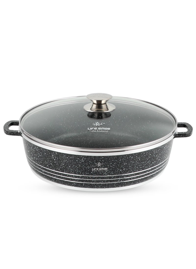 Life Smile 40cm (9.6 Liter) LIFE SMILE Shallow Pot with Lid | Non Stick PFOA FREE Granite Coating Frying Pan | Oven Safe | Dishwasher Safe | Double Handle (Black)  - Image 1
