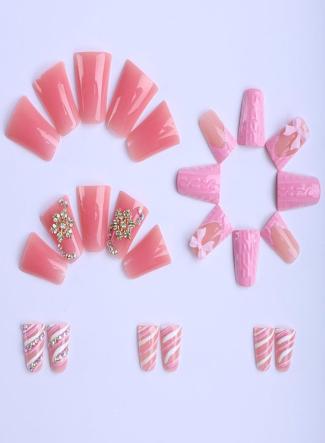 ASABITE 24Pcs Pink Duck Press on Nails Valentines French Tip Fake Nails with 3D Bow Rhinestone Snowflake Design Valentines False Nails Handmade Duck Nails Press ons Glitter Stick on Nail for Women - Image 3