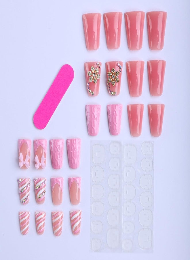 ASABITE 24Pcs Pink Duck Press on Nails Valentines French Tip Fake Nails with 3D Bow Rhinestone Snowflake Design Valentines False Nails Handmade Duck Nails Press ons Glitter Stick on Nail for Women - Image 4
