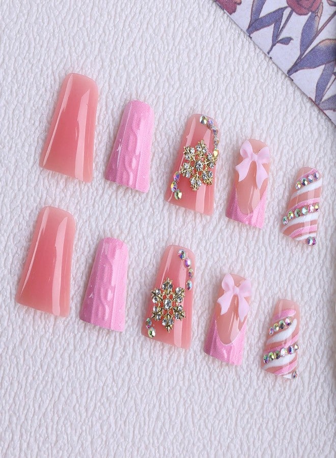 ASABITE 24Pcs Pink Duck Press on Nails Valentines French Tip Fake Nails with 3D Bow Rhinestone Snowflake Design Valentines False Nails Handmade Duck Nails Press ons Glitter Stick on Nail for Women - Image 2