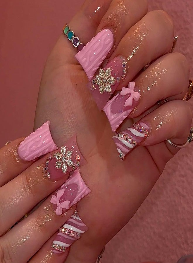 ASABITE 24Pcs Pink Duck Press on Nails Valentines French Tip Fake Nails with 3D Bow Rhinestone Snowflake Design Valentines False Nails Handmade Duck Nails Press ons Glitter Stick on Nail for Women - Image 1