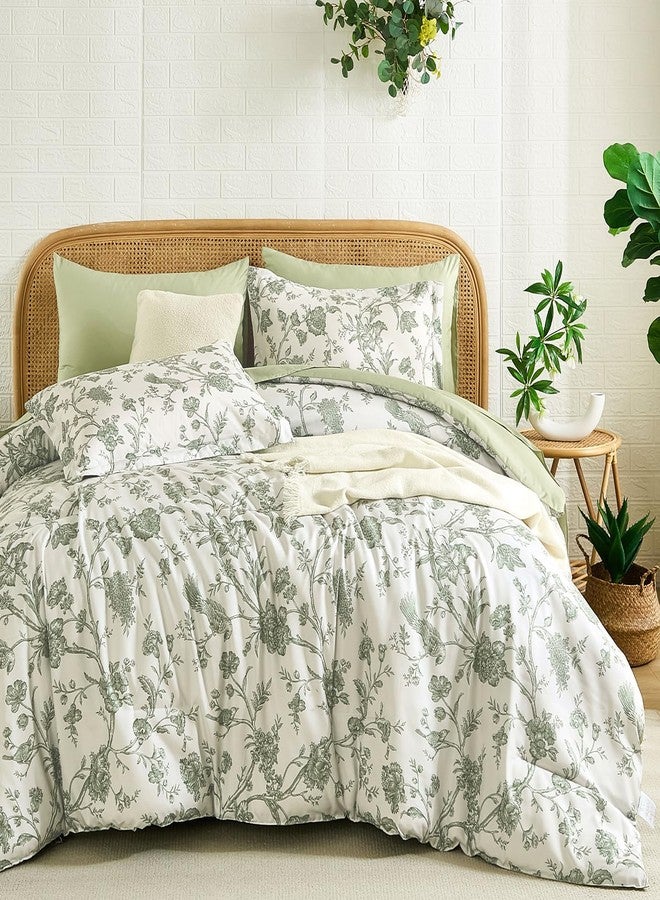 Luxudecor طقم لحاف لكسوديكور الملكي الزهري 7 قطع، طقم سرير بداخل حقيبة، زهري أخضر مع طيور، لحاف ناعم قابل للعكس مع طقم ملاءات 90"x90" - Image 1