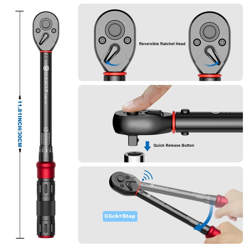 SUERCUP 3/8-Inch Drive Click Torque Wrench - 5-45 Ft-Lb/6.8-61Nm, Dual-Direction Adjustable 72 Tooth Click Torque Wrench for Bike, Motorcycle and Car Repair - Image 4