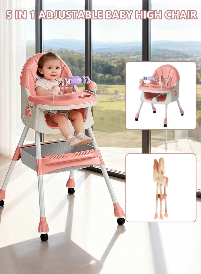 5 في 1 كرسي طعام قابل للطي والتحويل لحديثي الولادة، كرسي طعام مع ارتفاع قابل للتعديل، صينية مزدوجة قابلة للإزالة، عجلات قابلة للقفل، حزام أمان 5 نقاط ووسادة PU، حقيبة تخزين الألعاب، تغذية مريحة (وردي) - Image 1