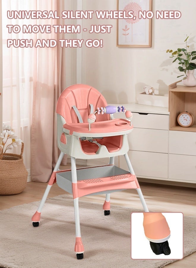 5 في 1 كرسي طعام قابل للطي والتحويل لحديثي الولادة، كرسي طعام مع ارتفاع قابل للتعديل، صينية مزدوجة قابلة للإزالة، عجلات قابلة للقفل، حزام أمان 5 نقاط ووسادة PU، حقيبة تخزين الألعاب، تغذية مريحة (وردي) - Image 4