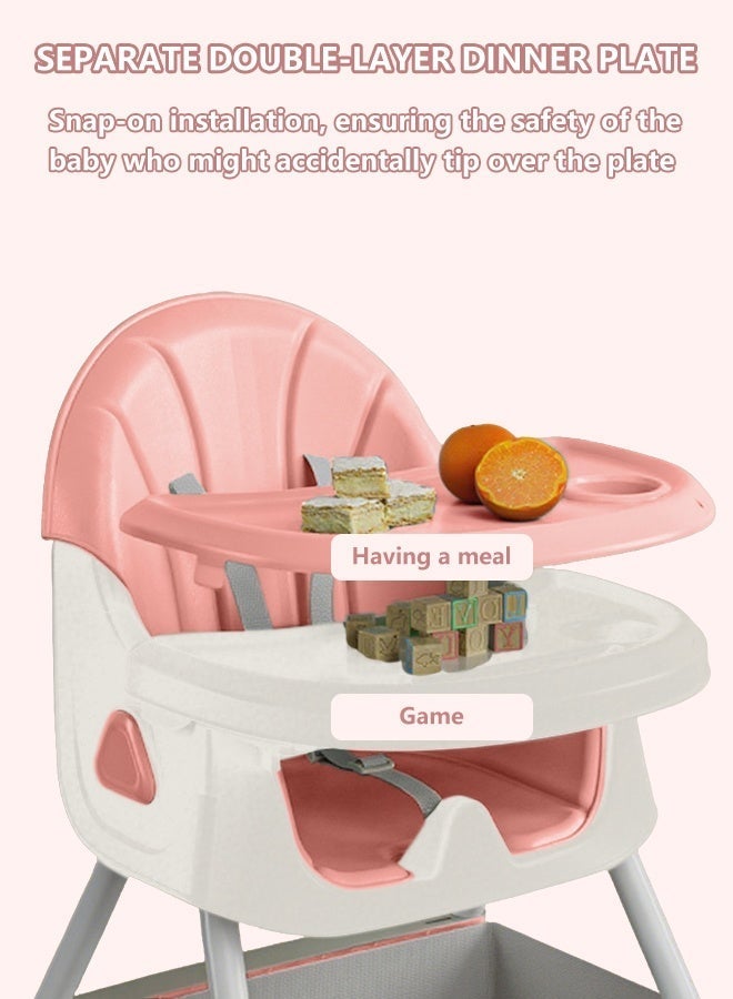 5 في 1 كرسي طعام قابل للطي والتحويل لحديثي الولادة، كرسي طعام مع ارتفاع قابل للتعديل، صينية مزدوجة قابلة للإزالة، عجلات قابلة للقفل، حزام أمان 5 نقاط ووسادة PU، حقيبة تخزين الألعاب، تغذية مريحة (وردي) - Image 3