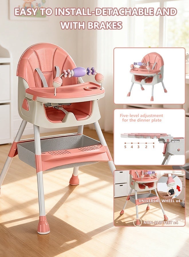 5 في 1 كرسي طعام قابل للطي والتحويل لحديثي الولادة، كرسي طعام مع ارتفاع قابل للتعديل، صينية مزدوجة قابلة للإزالة، عجلات قابلة للقفل، حزام أمان 5 نقاط ووسادة PU، حقيبة تخزين الألعاب، تغذية مريحة (وردي) - Image 2