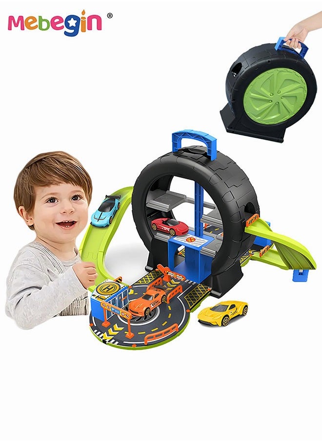 MEBEGIN 27PCS Tire-shaped Parking Lot Set with 4 Alloy Cars and 17 Road Signs, Creative Travel Toy with Independent Storage Box, Fun Board Game, Easy to Storage and Carry, Ideal Gift for Kids Aged 3+, 50*61*33cm  - Image 1