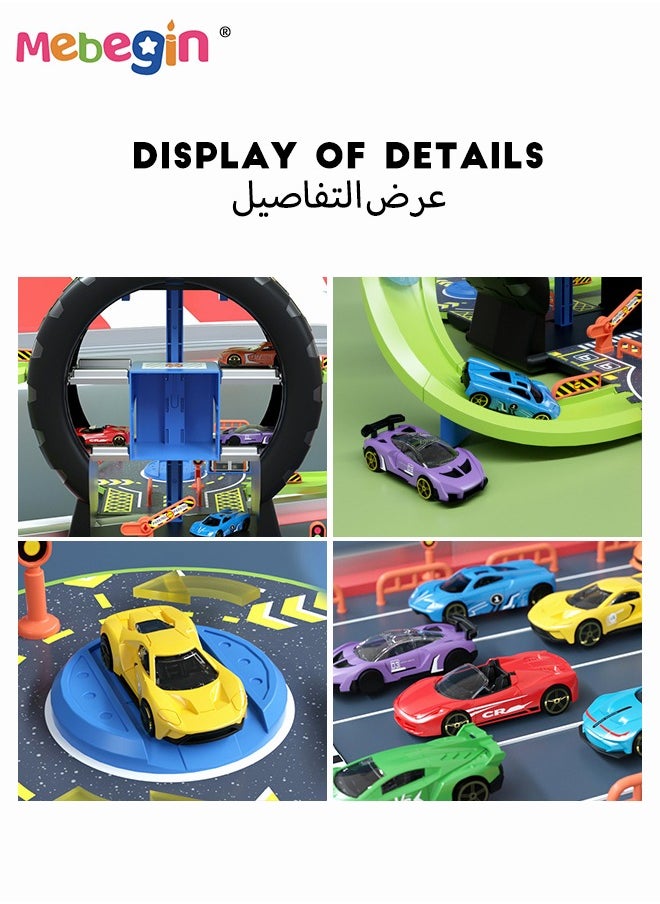 MEBEGIN 27PCS Tire-shaped Parking Lot Set with 4 Alloy Cars and 17 Road Signs, Creative Travel Toy with Independent Storage Box, Fun Board Game, Easy to Storage and Carry, Ideal Gift for Kids Aged 3+, 50*61*33cm  - Image 5