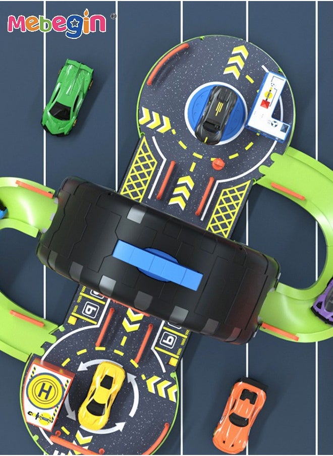 MEBEGIN 27PCS Tire-shaped Parking Lot Set with 4 Alloy Cars and 17 Road Signs, Creative Travel Toy with Independent Storage Box, Fun Board Game, Easy to Storage and Carry, Ideal Gift for Kids Aged 3+, 50*61*33cm  - Image 3