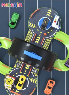 MEBEGIN 27PCS Tire-shaped Parking Lot Set with 4 Alloy Cars and 17 Road Signs, Creative Travel Toy with Independent Storage Box, Fun Board Game, Easy to Storage and Carry, Ideal Gift for Kids Aged 3+, 50*61*33cm  - Image 3
