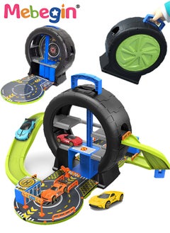 MEBEGIN 27PCS Tire-shaped Parking Lot Set with 4 Alloy Cars and 17 Road Signs, Creative Travel Toy with Independent Storage Box, Fun Board Game, Easy to Storage and Carry, Ideal Gift for Kids Aged 3+, 50*61*33cm  - Image 2