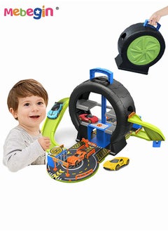 MEBEGIN 27PCS Tire-shaped Parking Lot Set with 4 Alloy Cars and 17 Road Signs, Creative Travel Toy with Independent Storage Box, Fun Board Game, Easy to Storage and Carry, Ideal Gift for Kids Aged 3+, 50*61*33cm  - Image 1