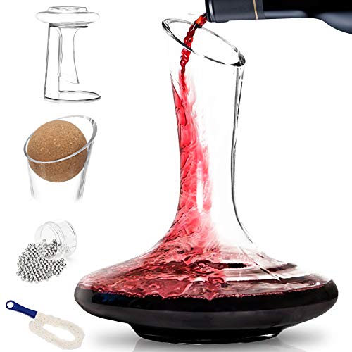 Brew To A Tea BTaT XL Decanter with Drying Stand Stopper Brush and Beads Hand Blown Crystal Glass Wine Decanter Wine Carafe Wine Accessories Red Wine Decanter 