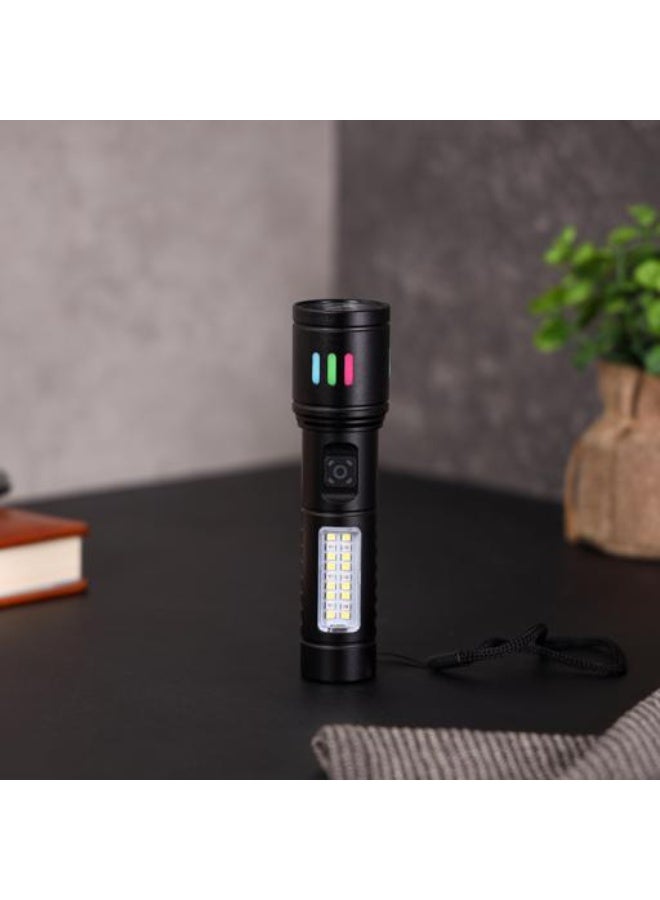 Epsilon Rechargeable Zoom Flashlight EPSL240, 625 Lumens Aluminum Body Torch Light, SMD Technology, RGB Side Light, USB Charging, High Power LED Flashlight for Camping, Hiking & Emergency Use, Black - Image 1