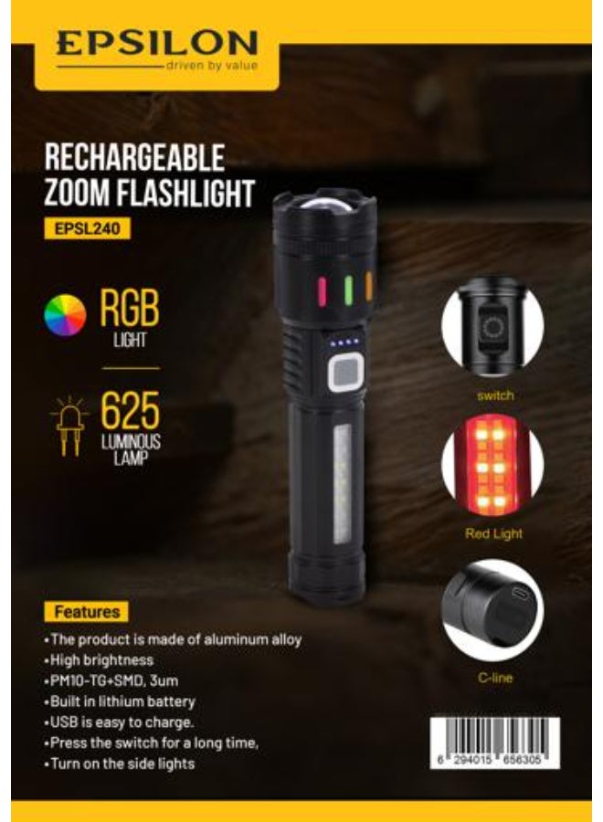 Epsilon Rechargeable Zoom Flashlight EPSL240, 625 Lumens Aluminum Body Torch Light, SMD Technology, RGB Side Light, USB Charging, High Power LED Flashlight for Camping, Hiking & Emergency Use, Black - Image 5