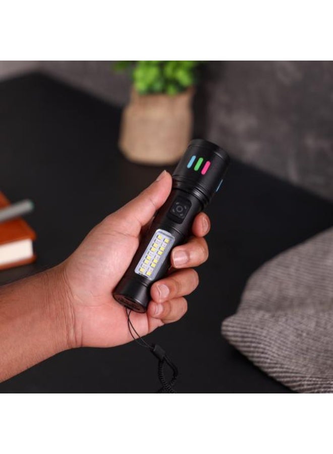 Epsilon Rechargeable Zoom Flashlight EPSL240, 625 Lumens Aluminum Body Torch Light, SMD Technology, RGB Side Light, USB Charging, High Power LED Flashlight for Camping, Hiking & Emergency Use, Black - Image 2
