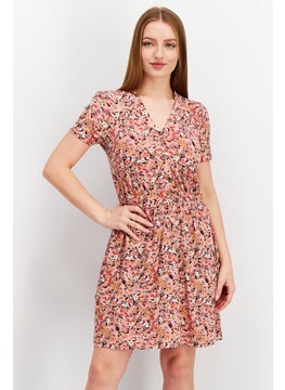 Women Floral Mini Dress, Peach Combo