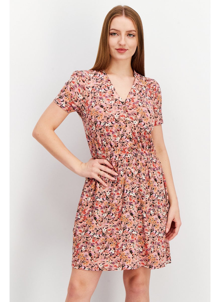 French Connection - Women Floral Mini Dress, Peach Combo - Image 1