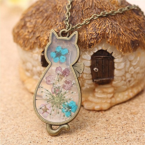 Jude Jewelers Retro Vintage Cat Shape Dry Flower Charm Pendant Necklace (Gold) - Image 5