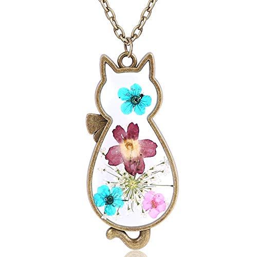 Jude Jewelers Retro Vintage Cat Shape Dry Flower Charm Pendant Necklace (Gold) - Image 1