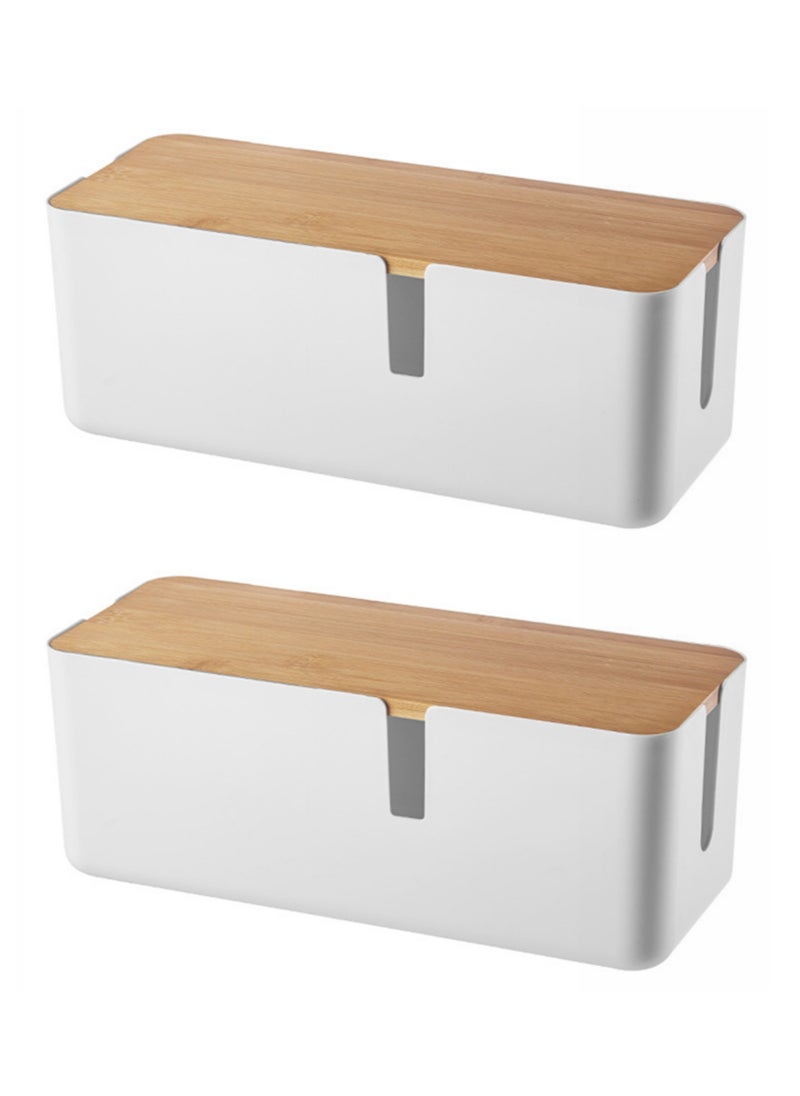 Teuuea 2 Pieces Large Cable Management Boxes, Desktop Floor Computer TV Cords Slotted Organizer, High Utility Strong Home Office Conceal Power Strip Cable Extension Cord USB-Hub Bamboo Lid Holder (White)  - Image 1