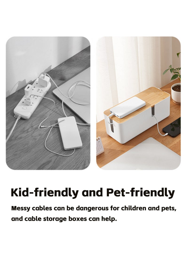 Teuuea 2 Pieces Large Cable Management Boxes, Desktop Floor Computer TV Cords Slotted Organizer, High Utility Strong Home Office Conceal Power Strip Cable Extension Cord USB-Hub Bamboo Lid Holder (White)  - Image 3